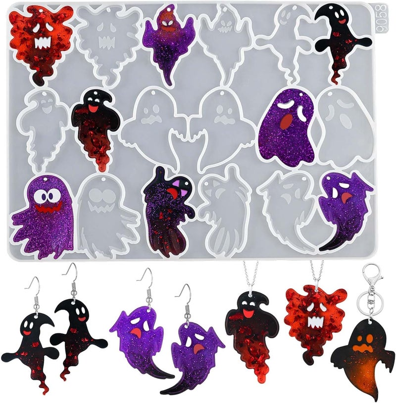 ZQYSING Halloween Resin Earring Molds with Holes, 9 Pair Various Shape Cute Ghost Silicone Mold for Resin, DIY Making Jewelry Earring Keychain for Halloween Party Gifts - Image 1